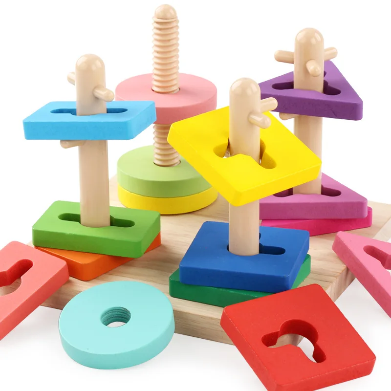 Children's Montessori Wooden Toys Rotating Set Of Building Blocks Educational Geometry Pillar Matching Color Shape Toy | Игрушки и