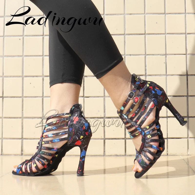 Ladingwu New Modern Floral Satin Salsa Dance Boots Woman Girls Simple Style Latin Dance Shoes Soft Bottom Ballroom Shoes
