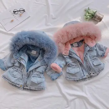 

Winter Baby Girl Denim Jacket Plus Fur Warm Toddler Girl Outerwear Plush denim cotton jacket Kids Infant Girl Parka jacket L505