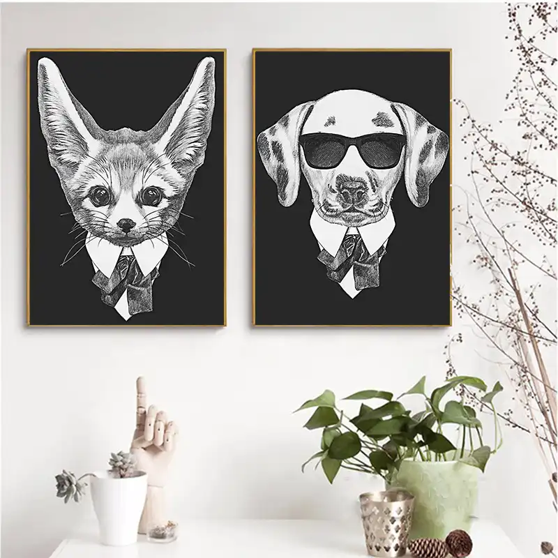 Hitam Putih Kanvas Lukisan Mafia Hitam Hewan Rusa Anjing Serigala