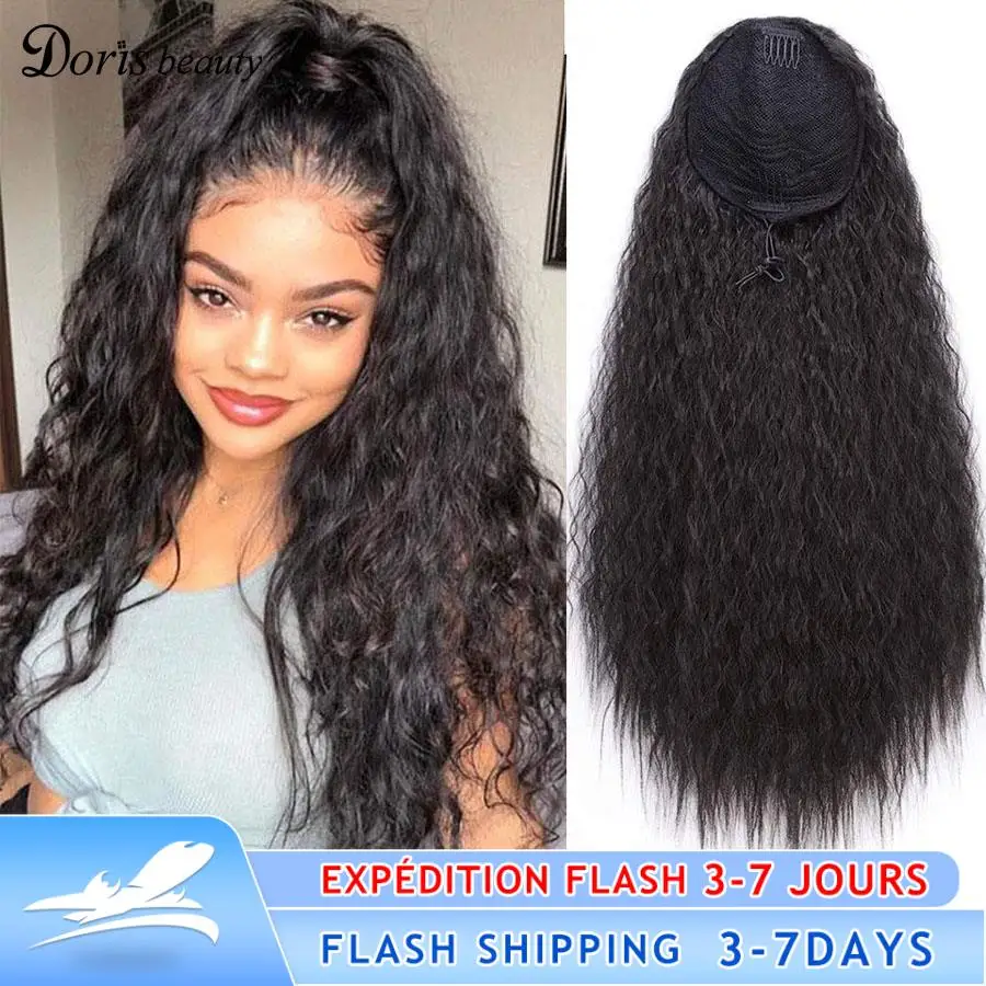 Doris Beauty-coletero largo Afro rizado para mujer, extensión de 22 pulgadas, cordón sintético, pieza de cabello de maíz, color negro y marrón
