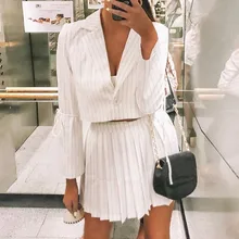 Плиссированная юбка со складками+ бандажный костюм, блузка с пуговицами и карманами, женская сексуальная Полосатая юбка на молнии, полосатая прошитая юбка, милая 12,3