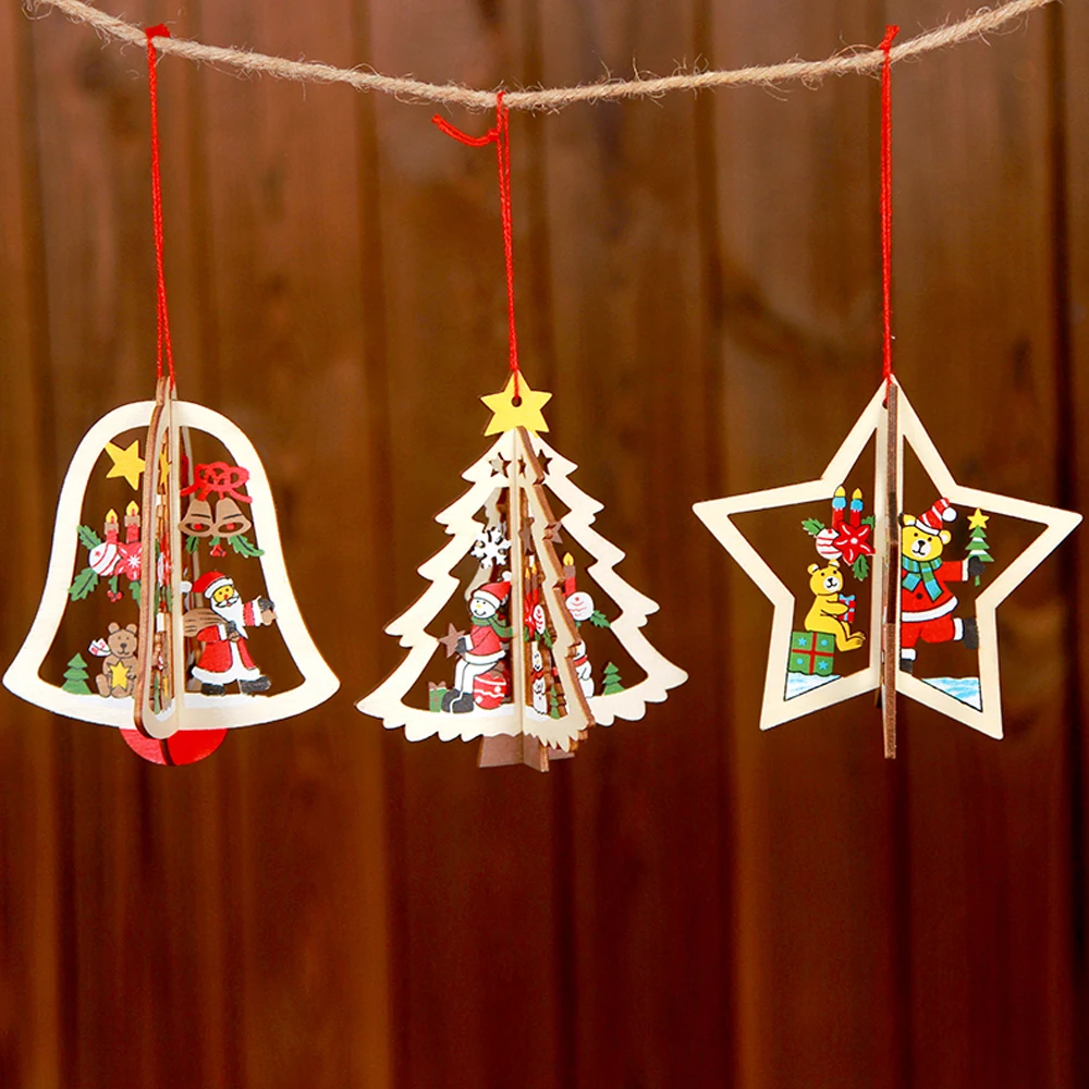 Wooden Christmas Decoration Xmas Tree Pendant 3D Hanging Home New Year Party Bauble Decoration Christmas Ball Xmas Key Ring