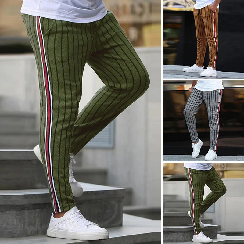 Для мужчин Штаны сращивания Цвет одинаковая в полоску брюки мужской Slim Fit повседневные штаны со средней талией Штаны для прогулки карманы