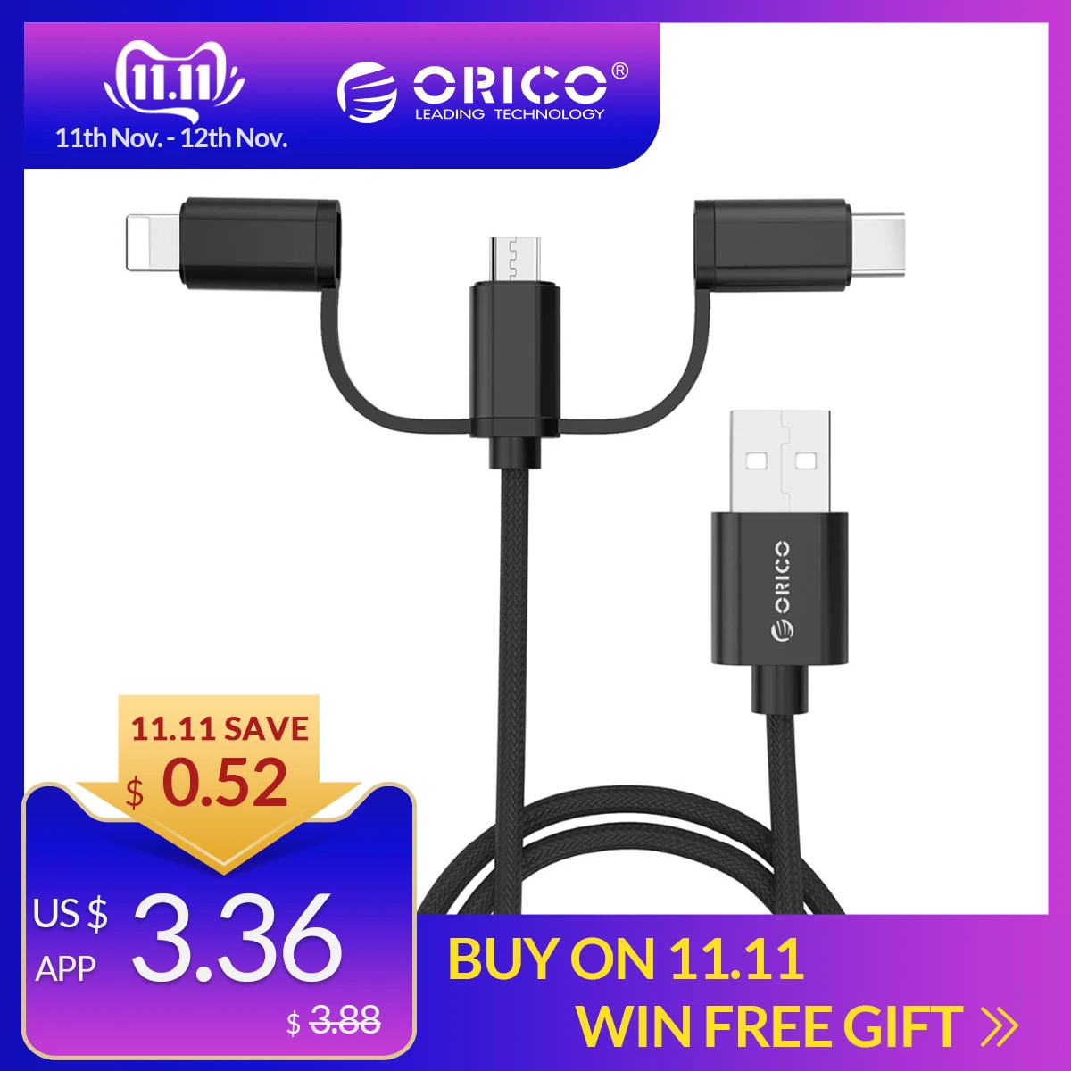 

ORICO 3 IN 1 Type C Micro USB C Cable For iPhone 8 X 7 6 6S Plus iOS 10 9 8 Samsung Nokia USB Fast Charging Nylon Cables Cord