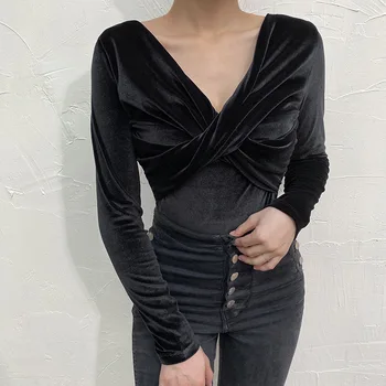 

Spring Summer Women's Bodysuit Black Long Sleeve V-neck Ruffled Bow-tie Bodysuit Velvet Sexy Vintage Skinny Lady Woman Bodysuits