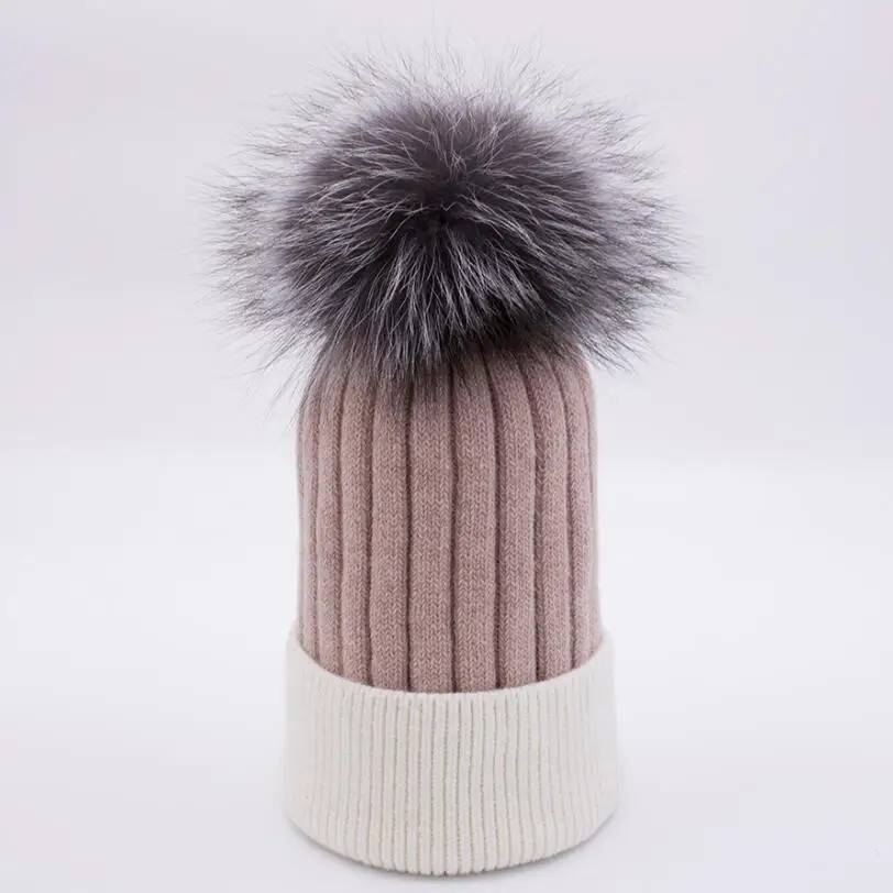 white pink silver YC Fur, зимние шапки, шапка s для женщин, двойные цвета, вязаные шерстяные шапочки, Skullies, с меховым помпоном большого размера, женская шапка - Цвет: white pink silver