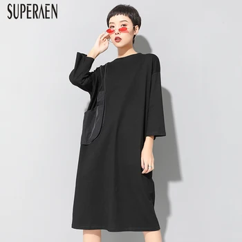 

SuperAen Europe 2020 Summer Women's Dress New Solid Color Cotton Ladies Dress Three Quarter Sleeve Women Clothing