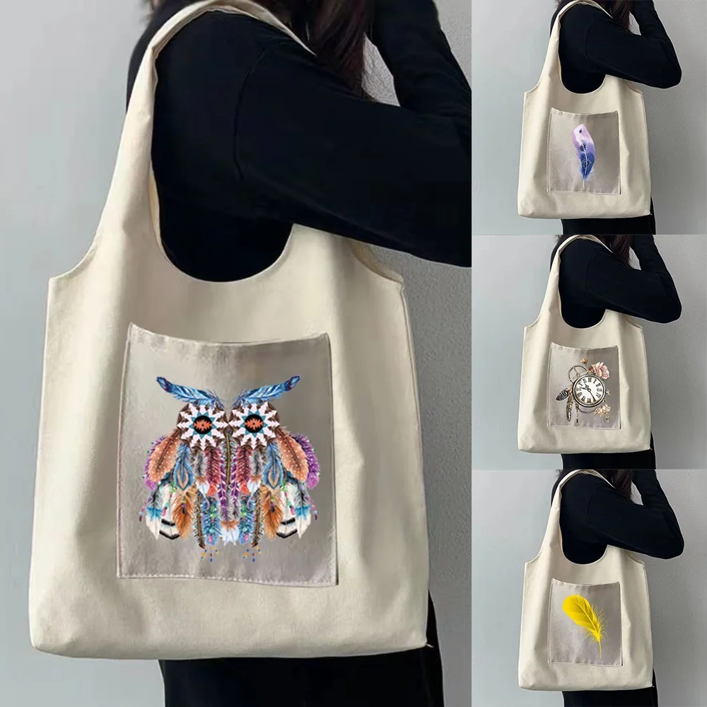Shopping Bag Ladies Portable Messenger Shoulder Eco-friendly Pocket Feather Printing Travel Fashion Sundries Storage Bags | Багаж и сумки