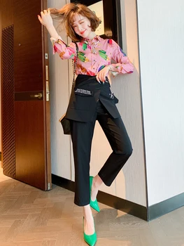 

Fashion printed shirt + high-waist stacking split skirt + straight slim pants suit women's 2020 early autumn new