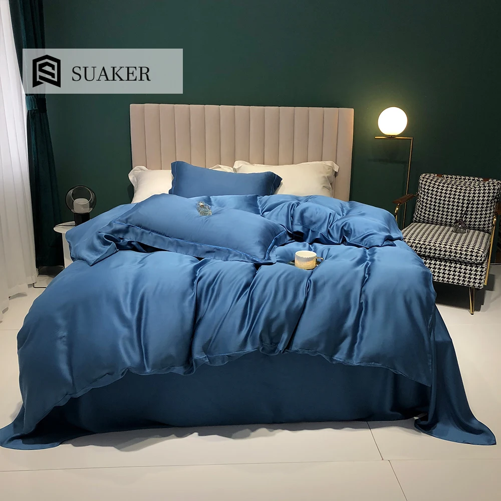

Suaker 6A Grade 100% Silk Blue Bedding Set Beauty Healthy Sleep Quilt Cover Set Quuen King Bed Linen Pillowcase For Women Sleep