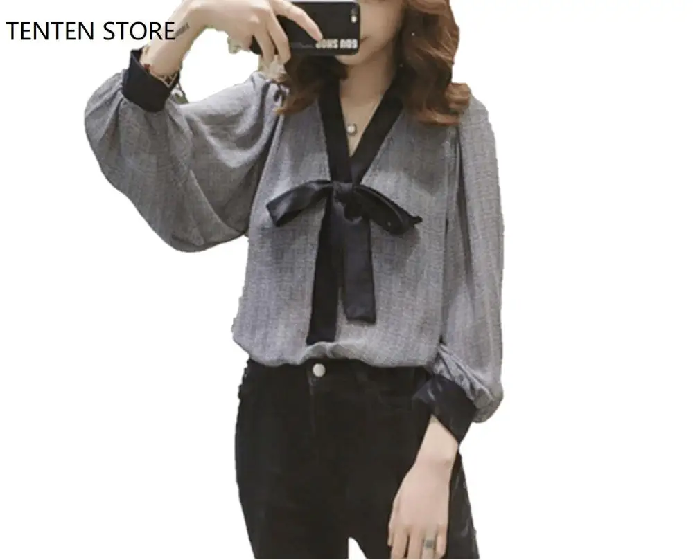 

Fall 2019 puff sleeves printed chiffon blouses womens casual loose long sleeve v neck bow tie shirts ladies office fashion blouses black