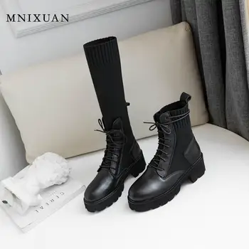 

MNIXUAN Women Shoes 2019 winter new round toe genuine leather platform boots lace up knitting Sock Shoes black ankle boots size9