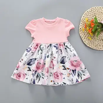 

Summer 2020 Girls Dress Girls Summer Cute Dress O Neck Pink Tops Patchwork Floral Bottoms Cute Dress Vestidos 1T-5T