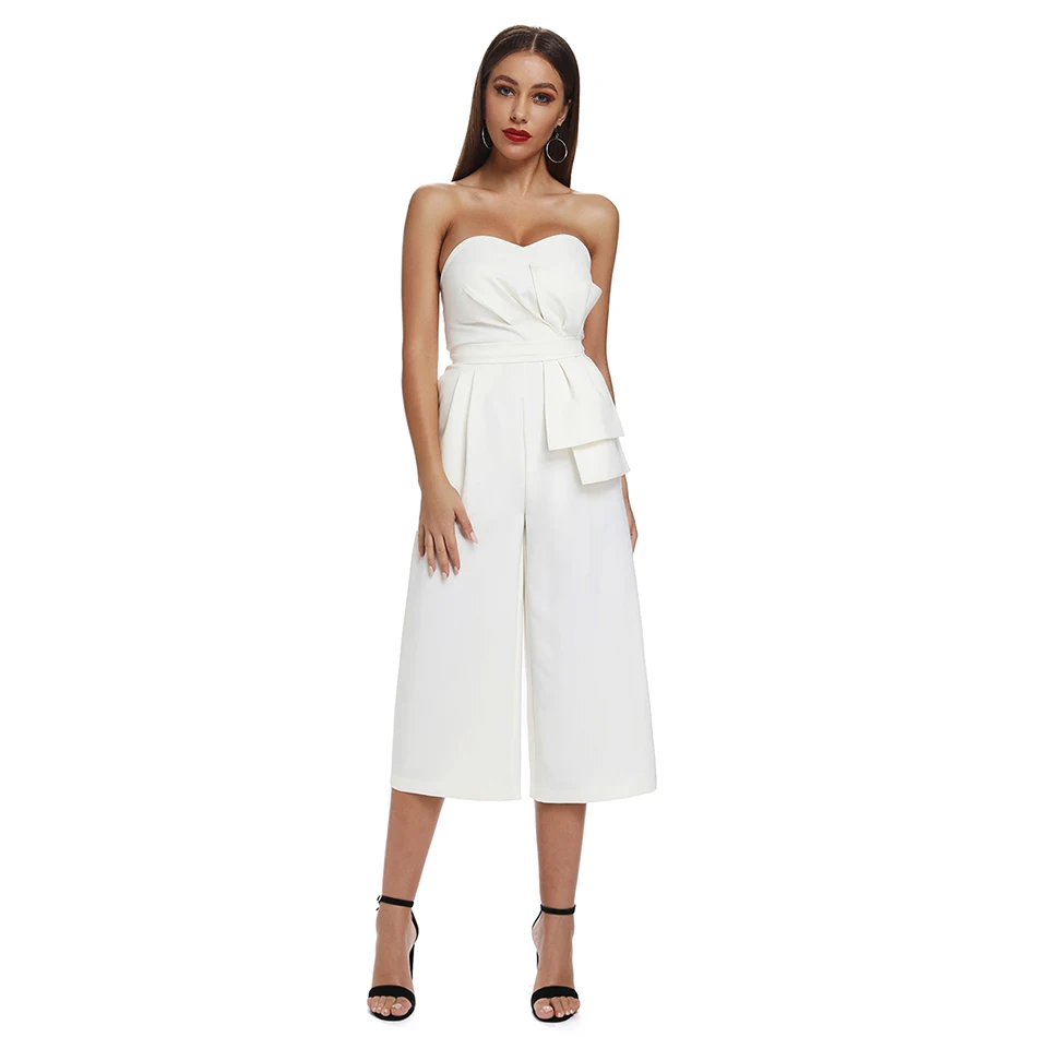 2021 summer sexy women's high waist slim bodysuit elegant solid color ruffled midi white strapless jumpsuit party |
