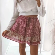 Винтажная шикарная Летняя женская элегантная юбка в стиле хиппи с оборками в богемном стиле с цветочным принтом, женские мини-юбки больших размеров