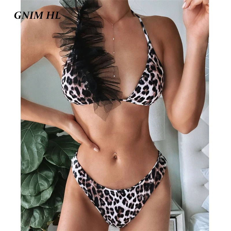 Купальник GNIM с леопардовым принтом женское Сетчатое бикини 2020 сексуальный