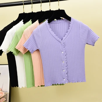 

Korean Crop Sweater Women Sexy V Neck Single Breasted Short Cardigan Summer Short Sleeve Ruffles Thin Pull Knitted Tops
