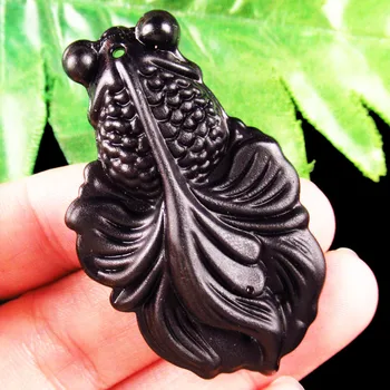 

1Pcs 17.3g Carved Matte Black Obsidian Goldfish Pendant Bead 50x30x12mm