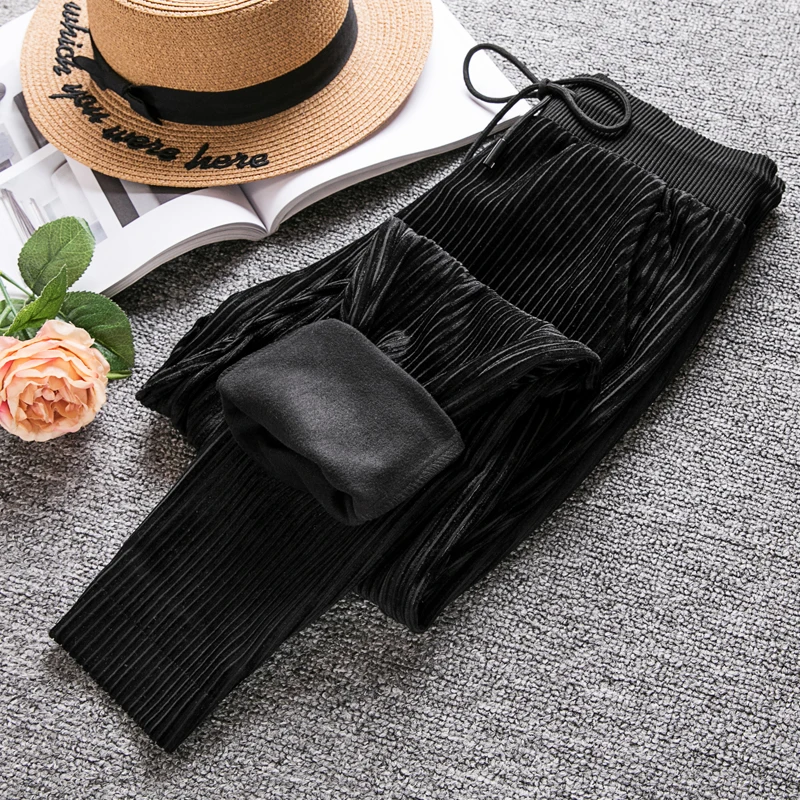 

Winter Thinck Corduroy Elastic Waist Cords Slim Harem Pants Women High Waist Ankle Length Vertical Pattern Warm Pants Mujerlarge