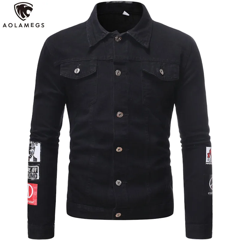 

Aolamegs Men's Denim Jacket Vintage Patch Letter Print Cowboy Coat Men High Street All-match Jean Jacket 5XL Oversize Streetwear
