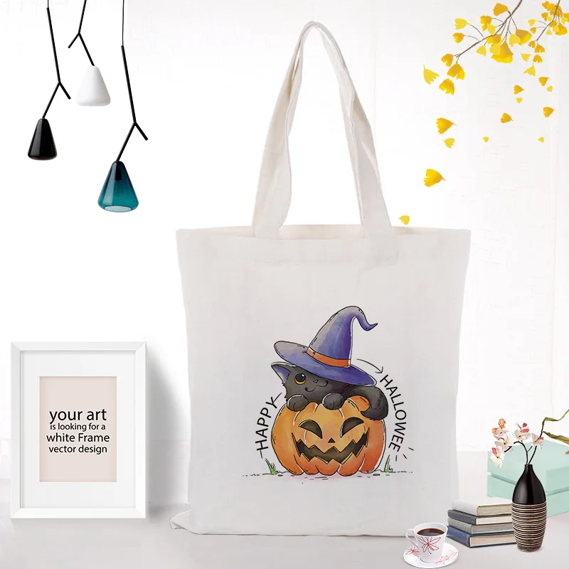 

Canvas Tote Bag Halloween Children's Gift Candy Bag Handbag Text DIY Custom Print Logo Eco Reusable Recycled Shopping Bag