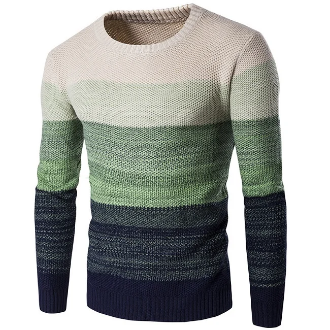 Autumn Men's Gradient Sweater Casual O-Neck Striped Mens Knittwear Patchwork Winter Knitted Pullovers Slim Fit Pull Homme - Цвет: NZZ003 Green