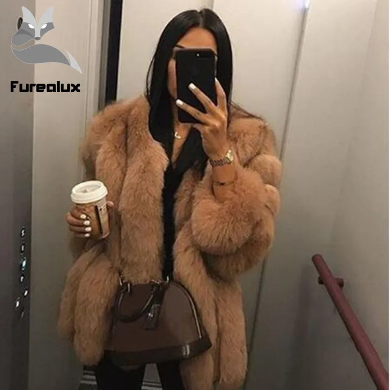 Furealux женская шуба из натурального Лисьего меха с меховым воротником модное