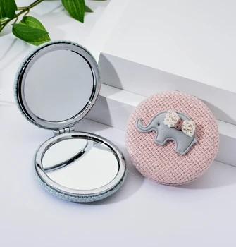 

Fashion Round Elephant Pocket Folding Makeup Mirror Linen Cloth Simple Cartoon Cute Baby Elephant Pattern Compact Makeup Mirror