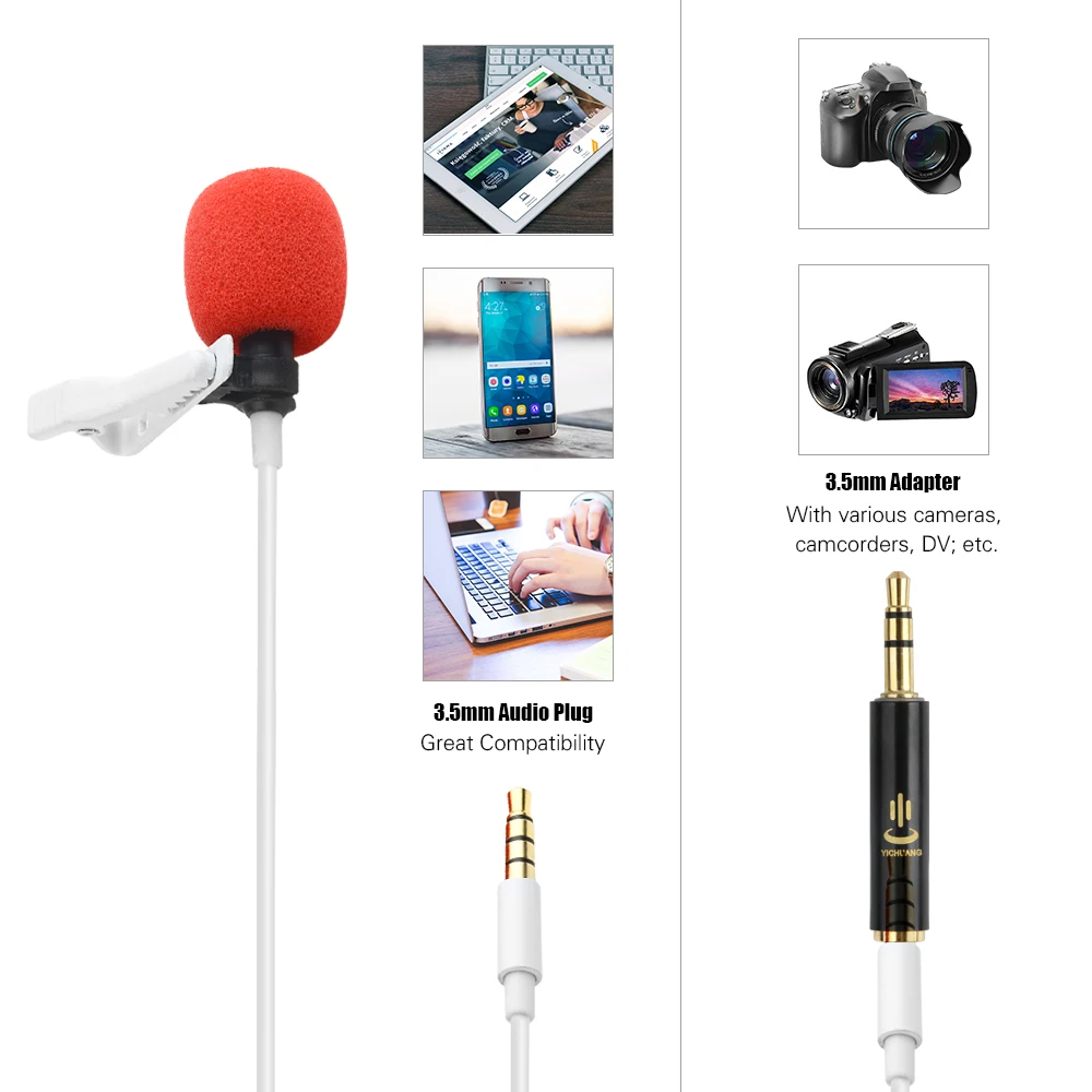 6M Omni-directional Clip-on Lavalier Microphone for iPhone Samsung Huawei Laptop for Canon Sony Nikon for Interview Recordingg