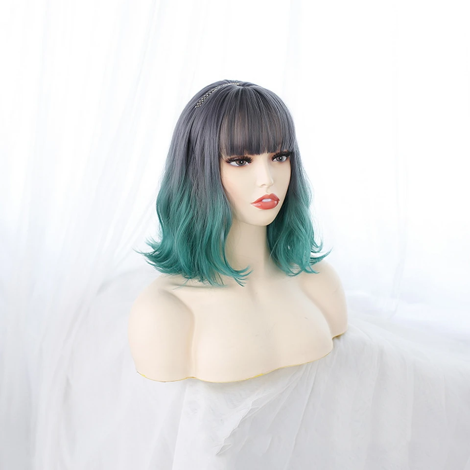 Perucas de Cabelo para Meninas Yiyaobess Lolita Peruca Sintética Curta Cosplay Vermelho Azul Roxo Verde Ombre Ondulado Presente Pelucas Naturales 1 High Quality Apliques e perucas