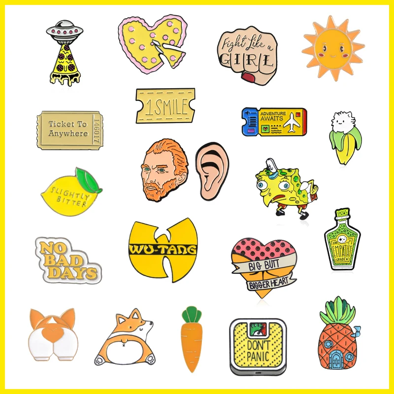 

yellow enamel brooch animal dog weight scale fruit alloy badge hedgehog bottle face flying ticket spaceship sun heart shaped pin