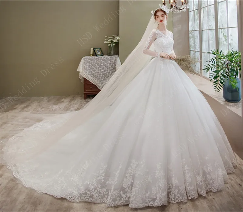 Lace Embroidery 2021 Spring Africa Style  Wedding Dress Long Train Sweet Elegant Plus Size Vestido De Noiva Bride V Neck 7 long sleeve bridal gowns Wedding Dresses