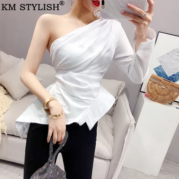 

KM STYLISH Women Shirt Blouse 2019 Early Autumn New Korean Irregular Design White Black Oblique Shoulder Pleated Fashion Top