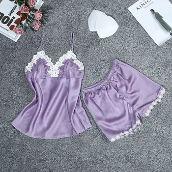 

New sexy women's Satin Lace pajamas lace V-neck sleeveless underwear Top + pajamas shorts women's Pajamas Set
