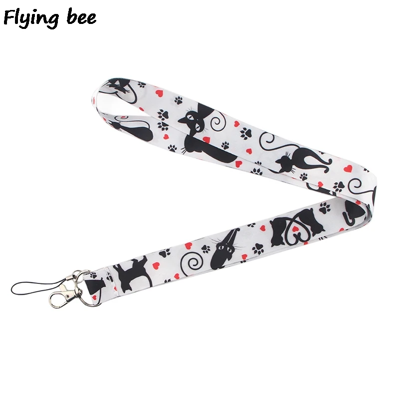 Flyingbee Lovely Cute Cat Lanyard Black Cats Keychain Keys Holder Women Strap Neck Lanyards For Keys ID Card Phone Lanyard X0370 flyingbee red flowers keychain cartoon cute phone lanyard women fashion strap neck lanyards for id card phone keys x0517