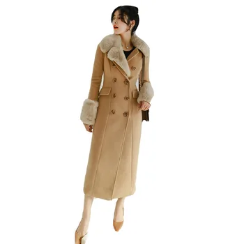 

Elegant Woolen Coat Women High Quality Classic Long Wool Coats With Big Fur New Wool Jackets Trench Winter Outerwear Woman Coats