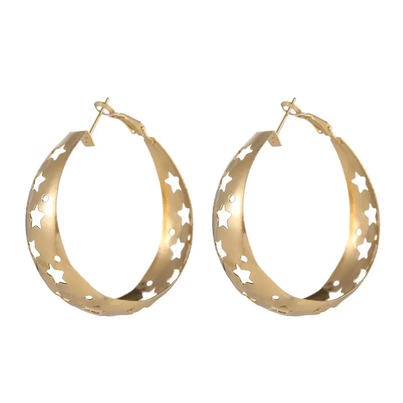 

2019 Womens Hoop Earrings Metal Hollow Star Ladies Silver Rose Gold Color Thick Chunky Earring Large Size Creole Brinco