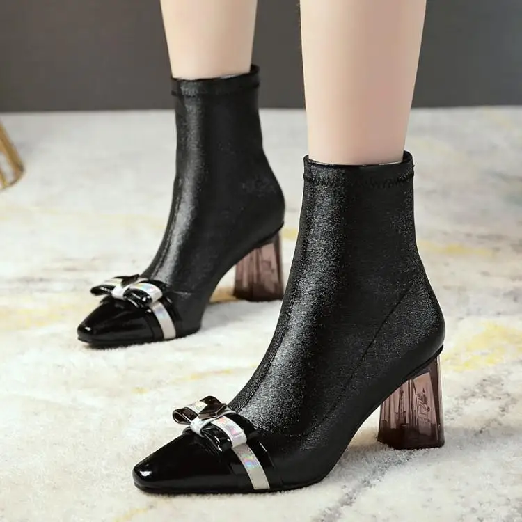 

Patchwork Ankle Boots For Women Patent Leather Matte Leather Zapatos De Mujer Slip On Chic Sewing Butterfly-knot Womens Shoes