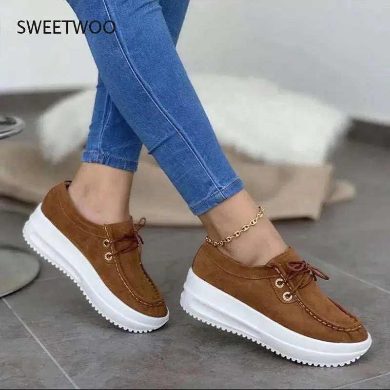 Women's Vulcanized Shoes Flock Ladies Sewing Flat Platform Lace-Up Casual Autumn Female  2021 Fashion New Comfort