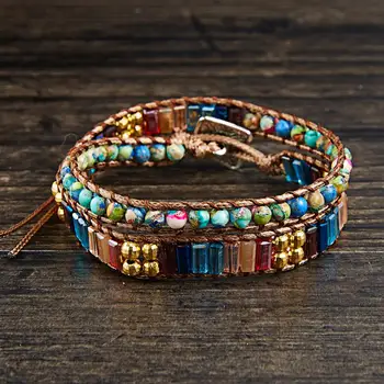 

Bohemian 2-layer Flower Green Crystal Natural Stone Handmade Knot Bracelet New Chakra Bead Crystal Leather Wrap Bracelet Jewelry