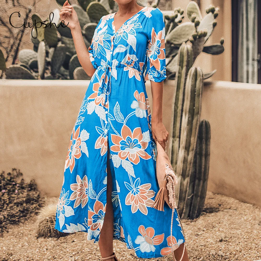 

CUPSHE V neck Front Button Elegant High Slit Midi Dress 2019 New Summer Boho Blue Floral Sundress Drawstring Vestido