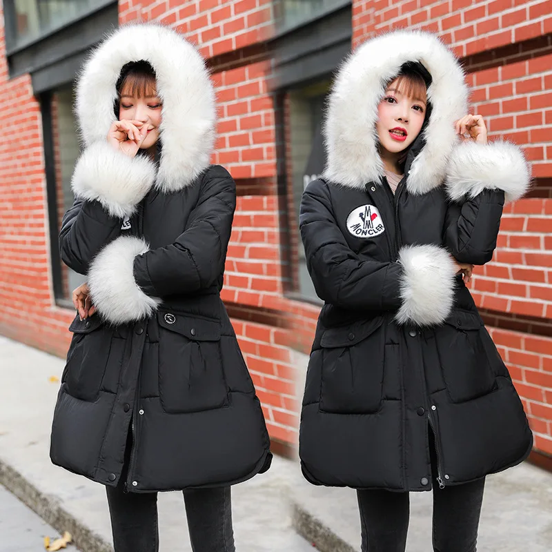 

2019 Winter New Style Cotton-padded Clothes Large Fur Collar Mid-length down Jacket Cotton-padded Clothes Women's Slim Fit Slimm