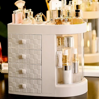 

4 Tiers Makeup Organizer Acrylic Storage Rack Ivory White Cosmetic Organizer with Drawer Rotation Make Up Organizer