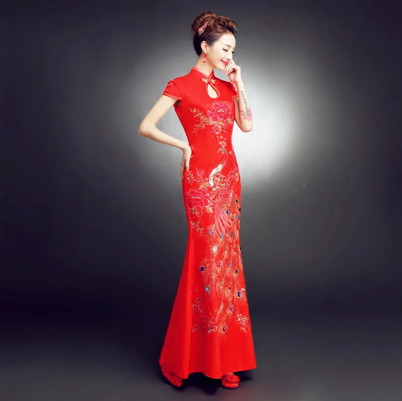 Китайское свадебное платье для невесты, тонкое винтажное вечернее Ципао, платье русалки с блестками, элегантное платье для сцены, Vestido, большие размеры, Чонсам с цветами