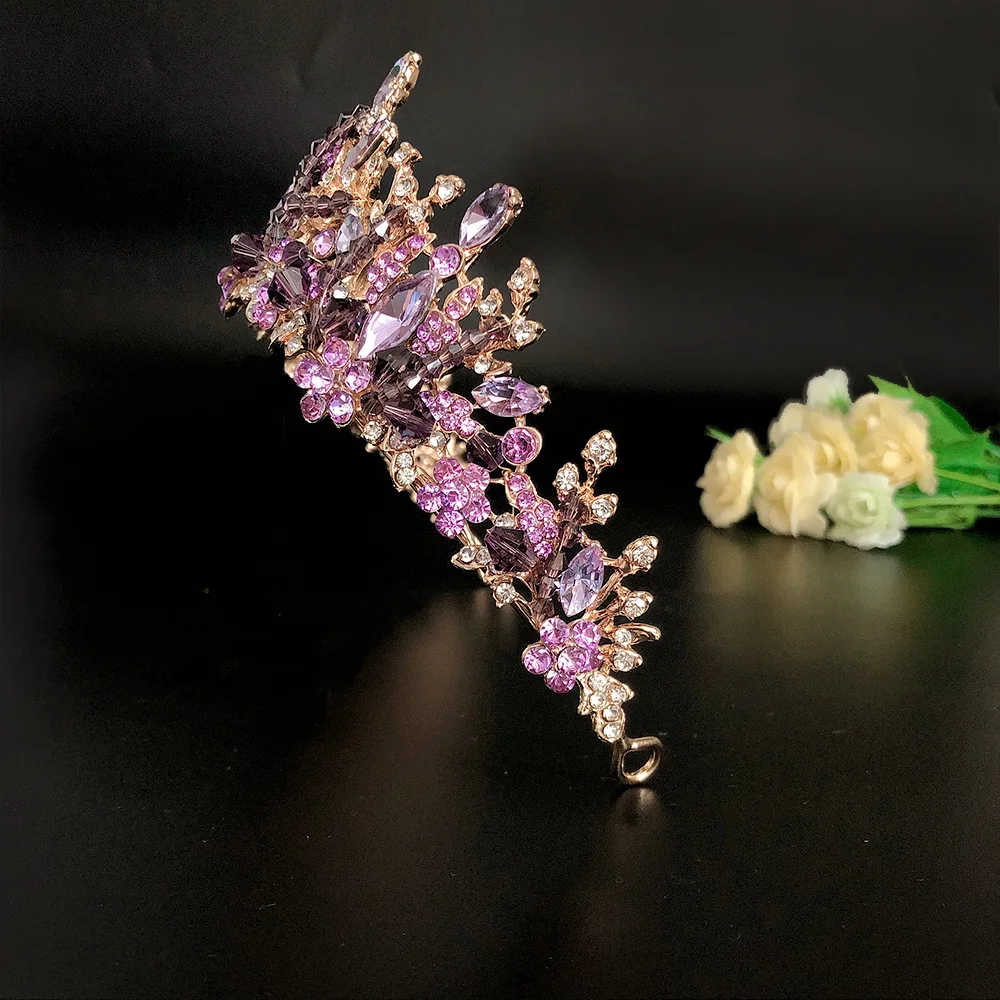 KMVEXO Bridal Crown Wedding Hair Accessories Purple Crystal Rhinestone Bride Tiaras and Crowns Headpiece Diadema Hair Ornament