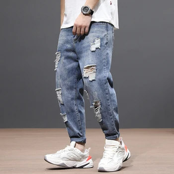 

Japanese Style Fashion Men Jeans Retro Blue Destroyed Ripped Denim Harem Pants Vintage Designer Streetwear Hip Hop Jeans Men