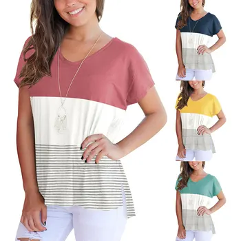 

Daily suit OWLPRINCESS Three-Color Joint Short Sleeve Slit Stripes T-shirt Women's Summer Short Sleeve