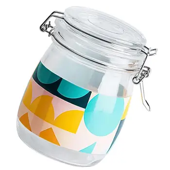 

1PC Transparent Glass Jars Sodium-Calcium Storage Bottles Printed Sealing Tank Jars Food Storage Canister For Honey Pickle