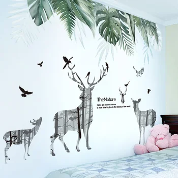 

[shijuekongjian] Tropical Tree Leaves Wall Stickers DIY Deer Animal Wall Decals for Living Room Bedroom Kitchen Home Decoration